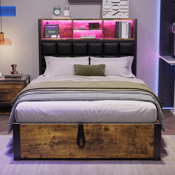 Hydraulic Storage Single Bed with Multi-Colour LED Strip, Charging Ports, Sponge Headboard for Bedroom, 208L x 96W x 107H cm, Black+Neutral Aosom UK
