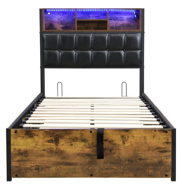Hydraulic Storage Single Bed with Multi-Colour LED Strip, Charging Ports, Sponge Headboard for Bedroom, 208L x 96W x 107H cm, Black+Neutral Aosom UK