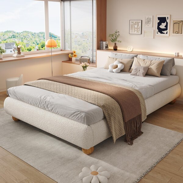 Modern Upholstered Double Bed with Sturdy Slatted Frame, Bouclé Platform Bed with Rounded Modern Legs, 197L x 146W x 30H cm, Beige Aosom UK