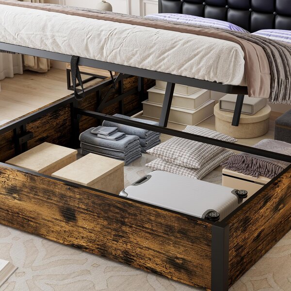 Hydraulic Storage Bed with Charging Sockets and LED Strip, Double Bed with Hydraulic Storage, 208L x 141W x 107H cm, Black+Neutral Aosom UK