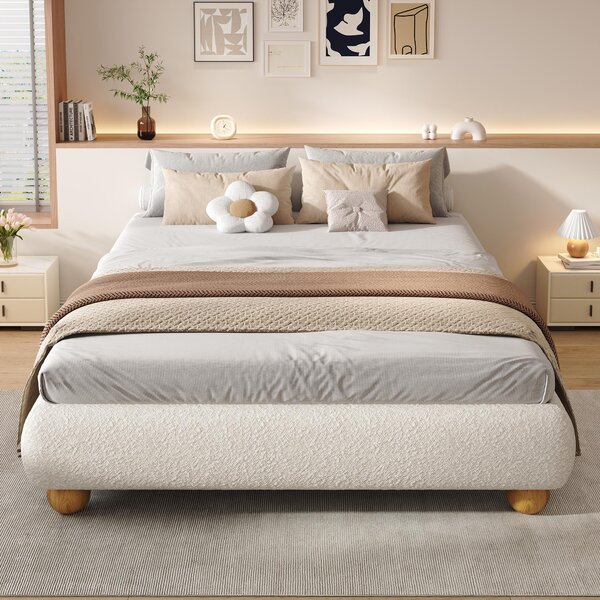 Modern Upholstered Double Bed with Sturdy Slatted Frame, Bouclé Platform Bed with Rounded Modern Legs, 197L x 146W x 30H cm, Beige Aosom UK