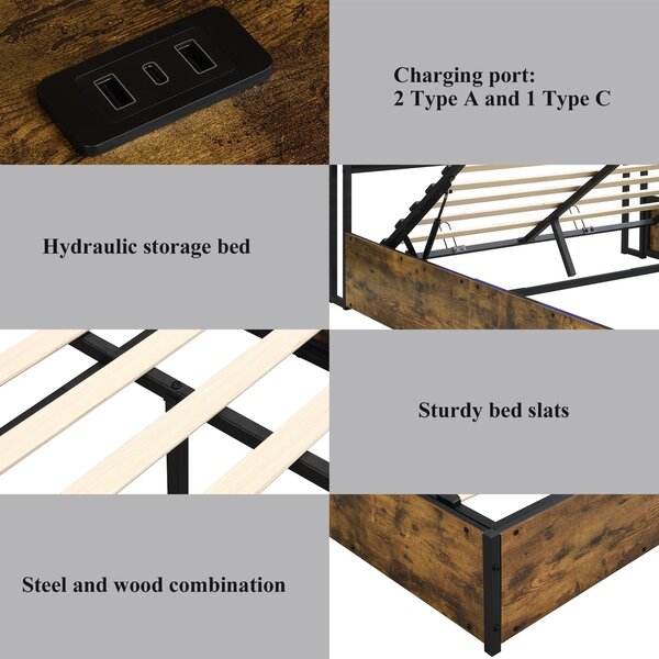 Hydraulic Storage Bed with Charging Sockets and LED Strip, Double Bed with Hydraulic Storage, 208L x 141W x 107H cm, Black+Neutral Aosom UK