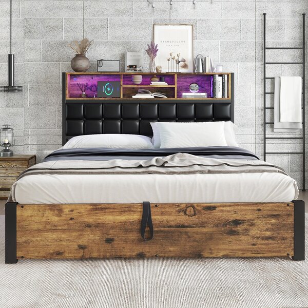 Hydraulic Storage Bed with Charging Sockets and LED Strip, Double Bed with Hydraulic Storage, 208L x 141W x 107H cm, Black+Neutral Aosom UK