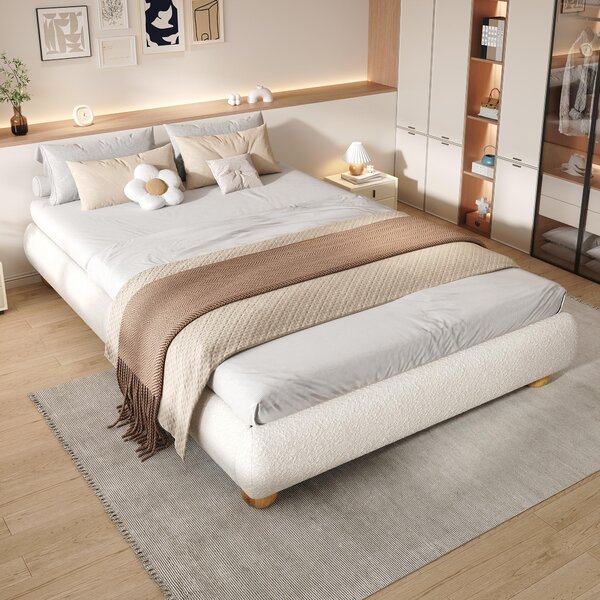 Modern Upholstered Double Bed with Sturdy Slatted Frame, Bouclé Platform Bed with Rounded Modern Legs, 197L x 146W x 30H cm, Beige Aosom UK