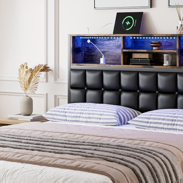 Hydraulic Storage Bed with Charging Sockets and LED Strip, Double Bed with Hydraulic Storage, 208L x 141W x 107H cm, Black+Neutral Aosom UK