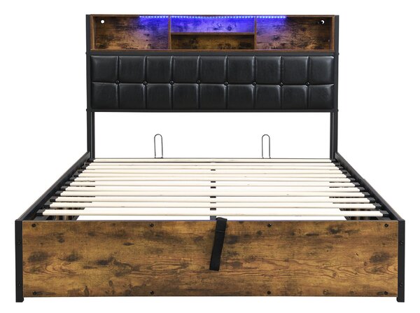 Hydraulic Storage Bed with Charging Sockets and LED Strip, Double Bed with Hydraulic Storage, 208L x 141W x 107H cm, Black+Neutral Aosom UK