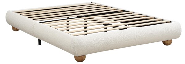 Modern Upholstered Double Bed with Sturdy Slatted Frame, Bouclé Platform Bed with Rounded Modern Legs, 197L x 146W x 30H cm, Beige Aosom UK