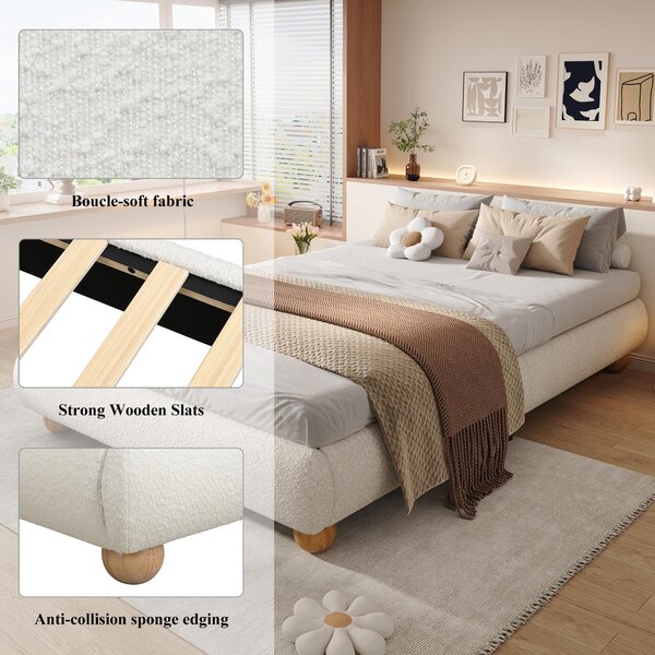 Modern Upholstered Double Bed with Sturdy Slatted Frame, Bouclé Platform Bed with Rounded Modern Legs, 197L x 146W x 30H cm, Beige Aosom UK