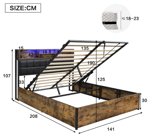Hydraulic Storage Bed with Charging Sockets and LED Strip, Double Bed with Hydraulic Storage, 208L x 141W x 107H cm, Black+Neutral Aosom UK
