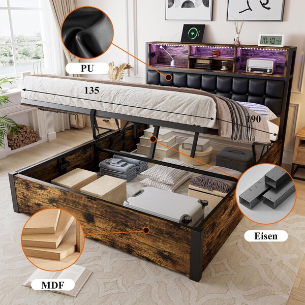 Hydraulic Storage Bed with Charging Sockets and LED Strip, Double Bed with Hydraulic Storage, 208L x 141W x 107H cm, Black+Neutral Aosom UK