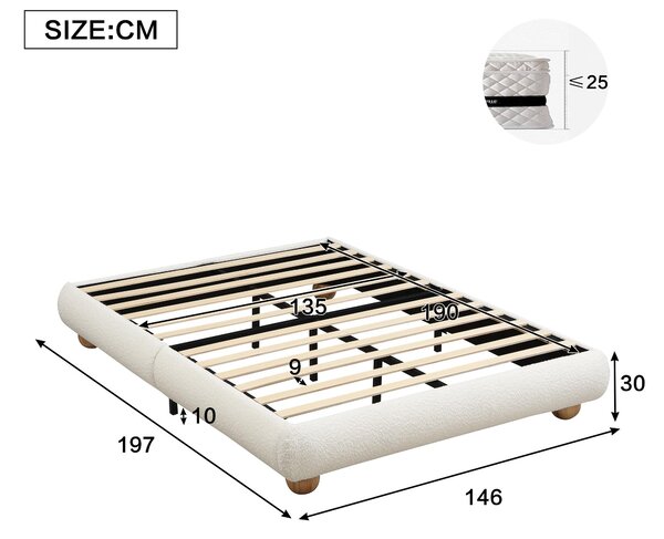 Modern Upholstered Double Bed with Sturdy Slatted Frame, Bouclé Platform Bed with Rounded Modern Legs, 197L x 146W x 30H cm, Beige Aosom UK