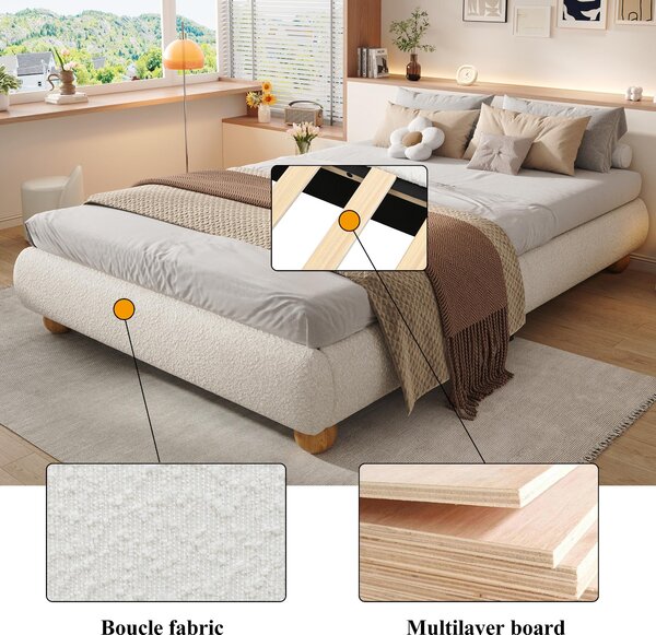 Modern Upholstered Double Bed with Sturdy Slatted Frame, Bouclé Platform Bed with Rounded Modern Legs, 197L x 146W x 30H cm, Beige Aosom UK