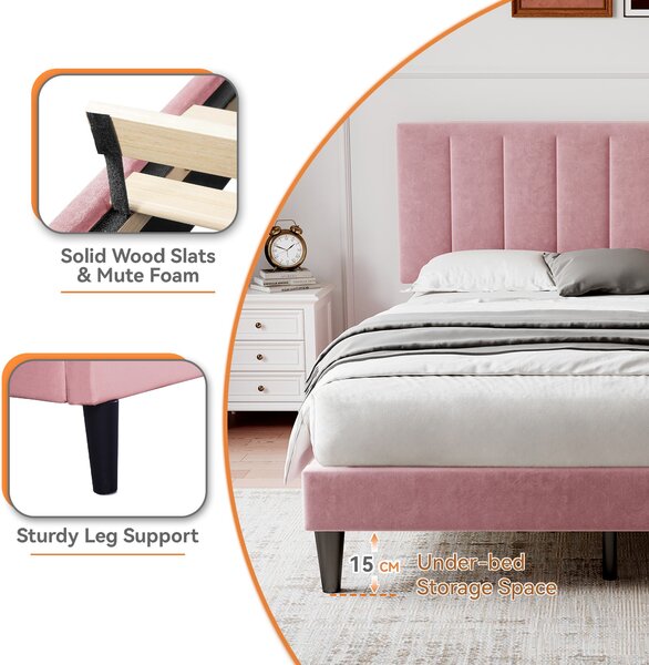 Upholstered Velvet Bedstead with Adjustable Headboard, Noise-Free Design, Double Wooden Bedframe for Bedroom, 194L x 140W x 110H cm, Pink Aosom.UK