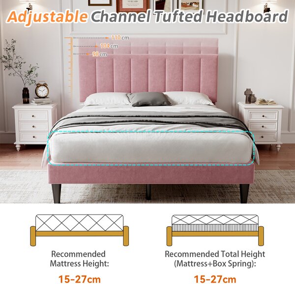 Upholstered Velvet Bedstead with Adjustable Headboard, Noise-Free Design, Double Wooden Bedframe for Bedroom, 194L x 140W x 110H cm, Pink Aosom.UK