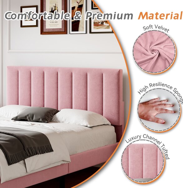 Upholstered Velvet Bedstead with Adjustable Headboard, Noise-Free Design, Double Wooden Bedframe for Bedroom, 194L x 140W x 110H cm, Pink Aosom.UK