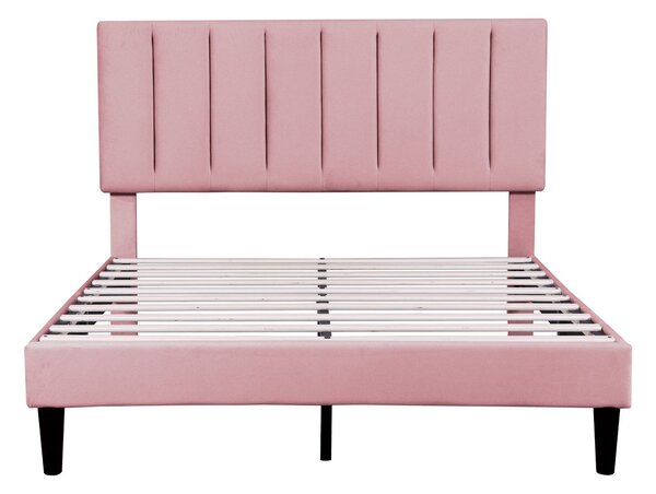Upholstered Velvet Bedstead with Adjustable Headboard, Noise-Free Design, Double Wooden Bedframe for Bedroom, 194L x 140W x 110H cm, Pink Aosom.UK