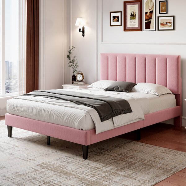 Upholstered Velvet Bedstead with Adjustable Headboard, Noise-Free Design, Double Wooden Bedframe for Bedroom, 194L x 140W x 110H cm, Pink Aosom.UK
