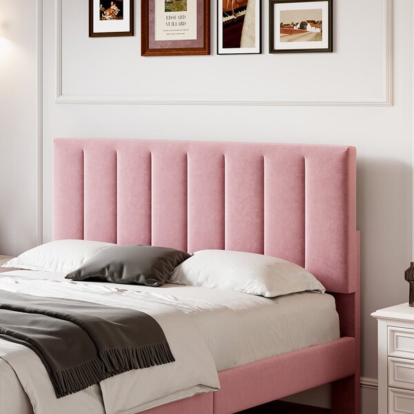 Upholstered Velvet Bedstead with Adjustable Headboard, Noise-Free Design, Double Wooden Bedframe for Bedroom, 194L x 140W x 110H cm, Pink Aosom.UK