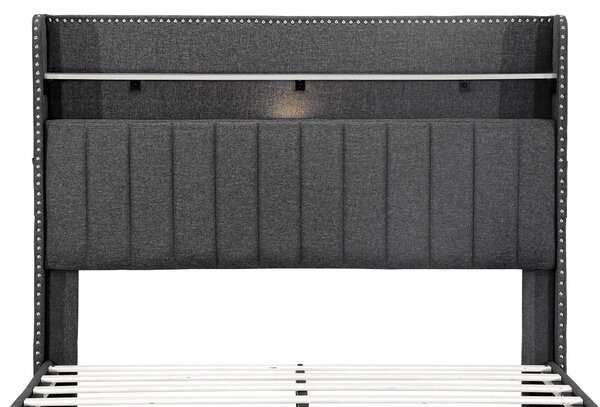 Double Upholstered Bed with Storage Drawers, Charging Ports, Linen Platform Frame with LED Night Light, 205L x 142.5W x 122H cm, Grey Aosom UK
