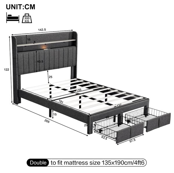 Double Upholstered Bed with Storage Drawers, Charging Ports, Linen Platform Frame with LED Night Light, 205L x 142.5W x 122H cm, Grey Aosom UK