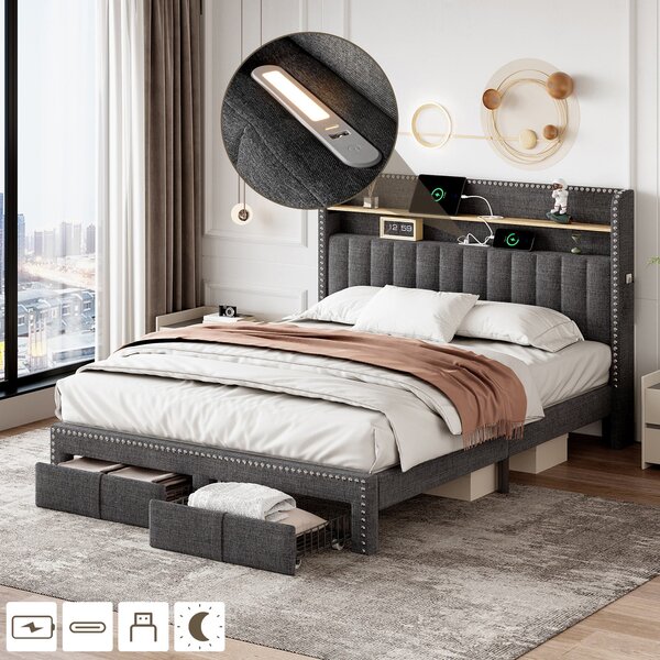 Double Upholstered Bed with Storage Drawers, Charging Ports, Linen Platform Frame with LED Night Light, 205L x 142.5W x 122H cm, Grey Aosom UK