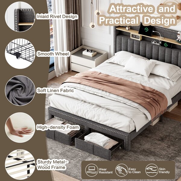 Double Upholstered Bed with Storage Drawers, Charging Ports, Linen Platform Frame with LED Night Light, 205L x 142.5W x 122H cm, Grey Aosom UK