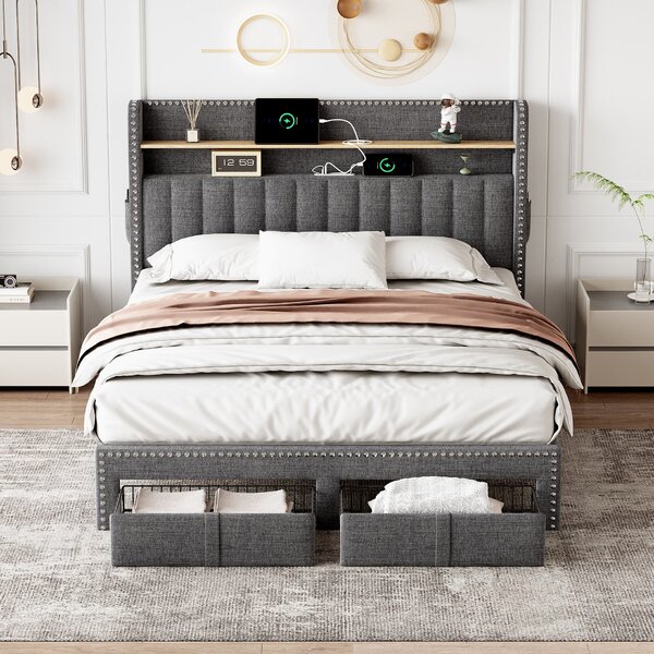 Double Upholstered Bed with Storage Drawers, Charging Ports, Linen Platform Frame with LED Night Light, 205L x 142.5W x 122H cm, Grey Aosom UK