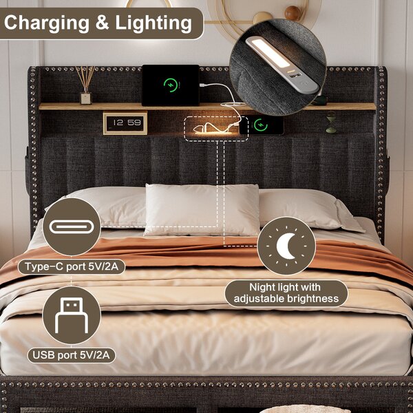 Double Upholstered Bed with Storage Drawers, Charging Ports, Linen Platform Frame with LED Night Light, 205L x 142.5W x 122H cm, Grey Aosom UK