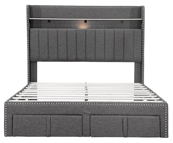 Double Upholstered Bed with Storage Drawers, Charging Ports, Linen Platform Frame with LED Night Light, 205L x 142.5W x 122H cm, Grey Aosom UK