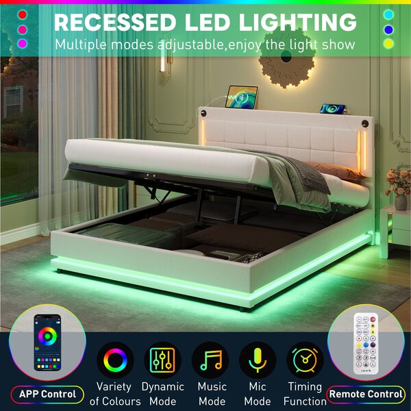 Upholstered Bed with Charging Station, Adjustable Tufted Headboard, LED Lighting Strip, Hydraulic Storage Bed for Bedroom, Beige Aosom UK