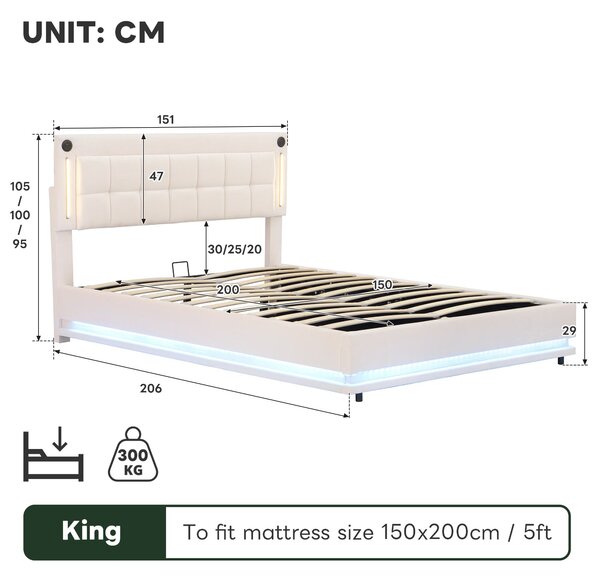 Upholstered Bed with Charging Station, Adjustable Tufted Headboard, LED Lighting Strip, Hydraulic Storage Bed for Bedroom, Beige Aosom UK