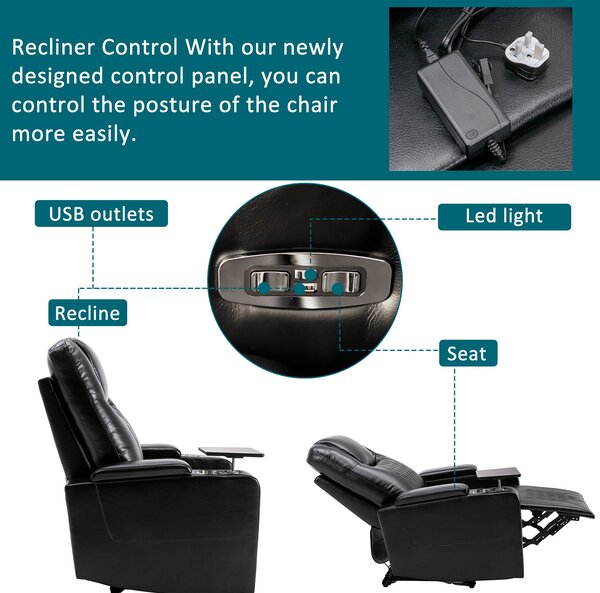 Adjustable Electric Leather Recliner Chair with USB Port, Storage, Ambient Light, 360° Swivel Gaming Recliner Chair, 92x80x108 cm, Black Aosom.UK