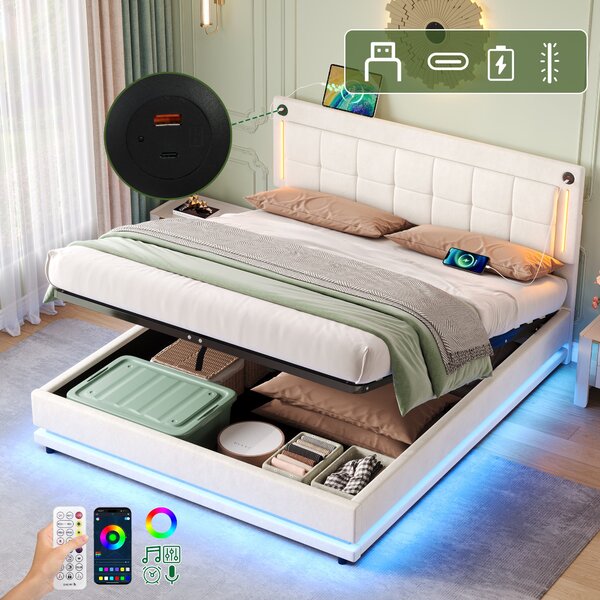 Upholstered Bed with Charging Station, Adjustable Tufted Headboard, LED Lighting Strip, Hydraulic Storage Bed for Bedroom, Beige Aosom UK