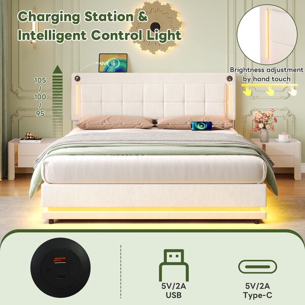 Upholstered Bed with Charging Station, Adjustable Tufted Headboard, LED Lighting Strip, Hydraulic Storage Bed for Bedroom, Beige Aosom UK