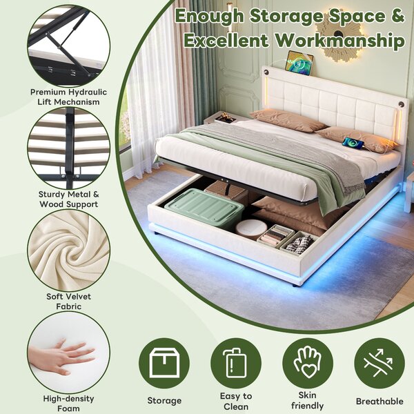 Upholstered Bed with Charging Station, Adjustable Tufted Headboard, LED Lighting Strip, Hydraulic Storage Bed for Bedroom, Beige Aosom UK