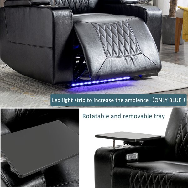 Adjustable Electric Leather Recliner Chair with USB Port, Storage, Ambient Light, 360° Swivel Gaming Recliner Chair, 92x80x108 cm, Black Aosom.UK