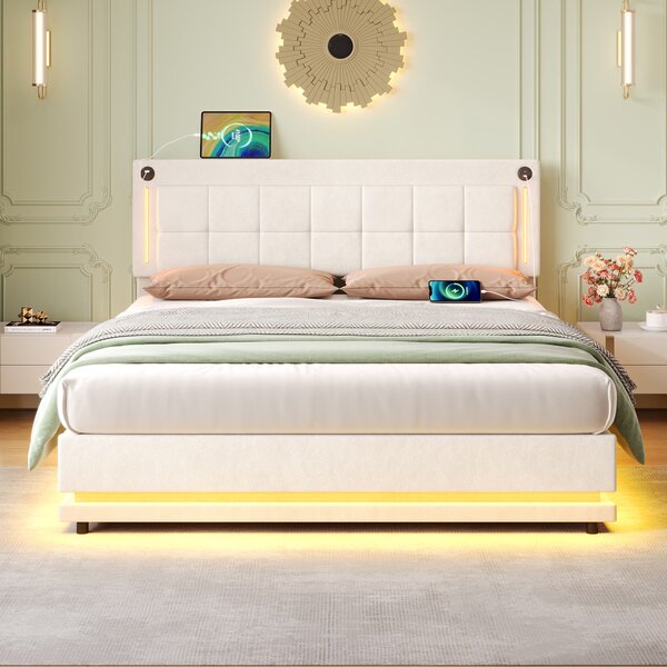 Upholstered Bed with Charging Station, Adjustable Tufted Headboard, LED Lighting Strip, Hydraulic Storage Bed for Bedroom, Beige Aosom UK