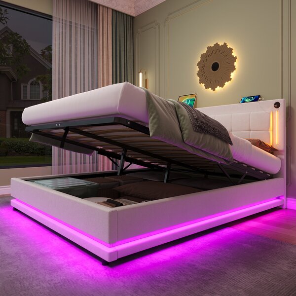 Upholstered Bed with Charging Station, Adjustable Tufted Headboard, LED Lighting Strip, Hydraulic Storage Bed for Bedroom, Beige Aosom UK