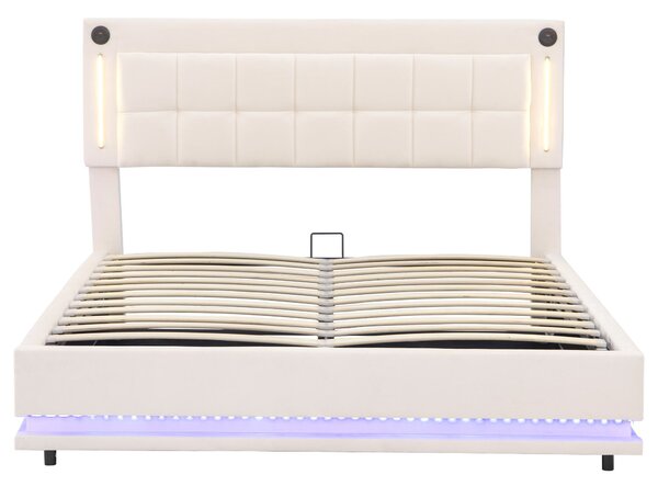 Upholstered Bed with Charging Station, Adjustable Tufted Headboard, LED Lighting Strip, Hydraulic Storage Bed for Bedroom, Beige Aosom UK
