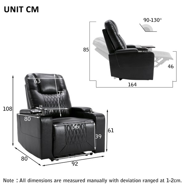 Adjustable Electric Leather Recliner Chair with USB Port, Storage, Ambient Light, 360° Swivel Gaming Recliner Chair, 92x80x108 cm, Black Aosom.UK