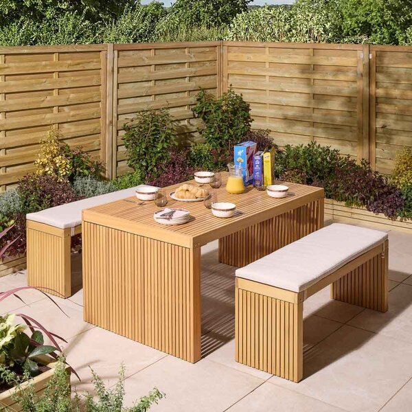 Prestige Wooden Garden Dining Table With 2 Benches and Cushions In Natural