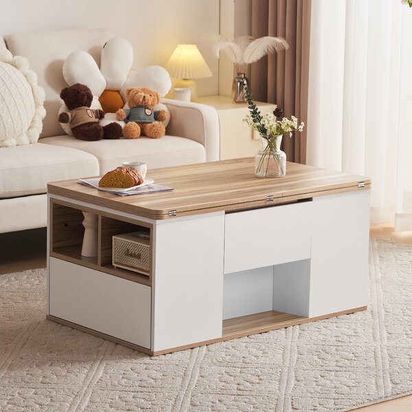 Lift-Top Coffee Table with Storage, 3 Drawers and Adjustable Height, Sofa End Tea Tables, Living Room, 100x51x47 cm, White & Oak Aosom UK