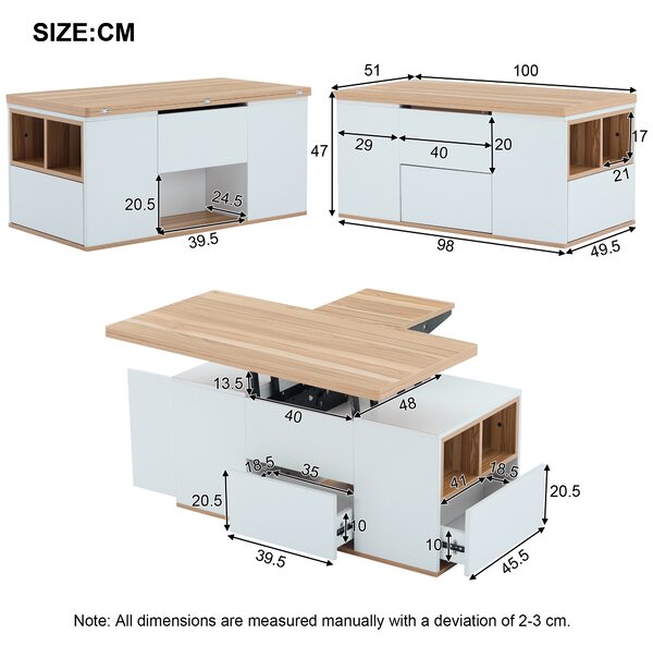 Lift-Top Coffee Table with Storage, 3 Drawers and Adjustable Height, Sofa End Tea Tables, Living Room, 100x51x47 cm, White & Oak Aosom UK