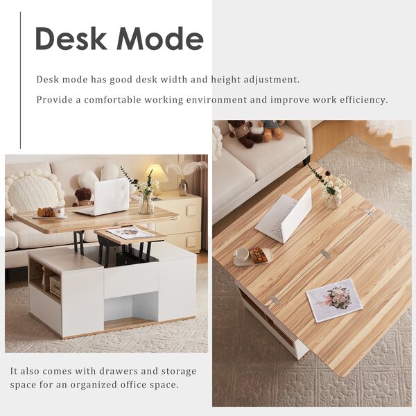 Lift-Top Coffee Table with Storage, 3 Drawers and Adjustable Height, Sofa End Tea Tables, Living Room, 100x51x47 cm, White & Oak Aosom UK