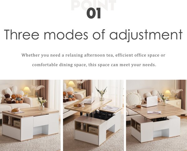 Lift-Top Coffee Table with Storage, 3 Drawers and Adjustable Height, Sofa End Tea Tables, Living Room, 100x51x47 cm, White & Oak Aosom UK