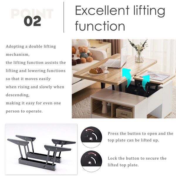Lift-Top Coffee Table with Storage, 3 Drawers and Adjustable Height, Sofa End Tea Tables, Living Room, 100x51x47 cm, White & Oak Aosom UK