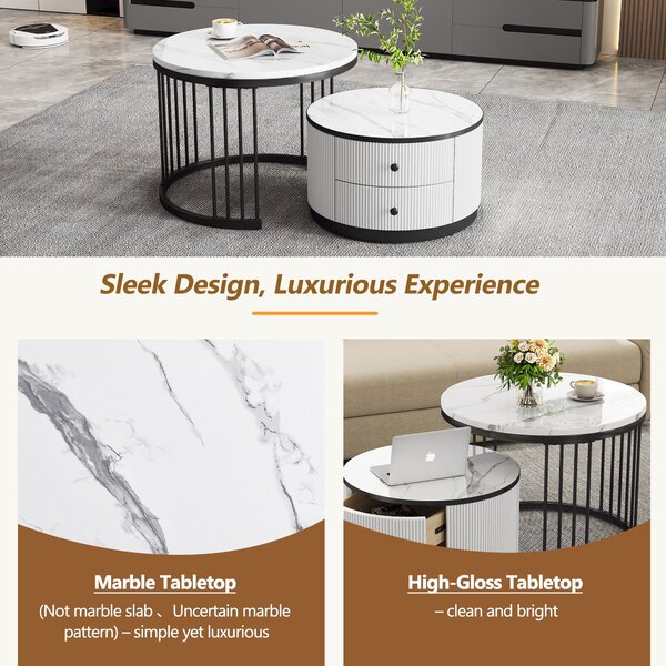 High Gloss Nesting Coffee Table with Marble Pattern Top, Storage Drawers, Modern Round Side Tables for Living Room, Bedroom, White+Black Aosom.UK