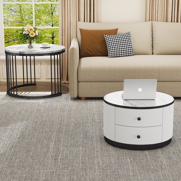 High Gloss Nesting Coffee Table with Marble Pattern Top, Storage Drawers, Modern Round Side Tables for Living Room, Bedroom, White+Black Aosom.UK