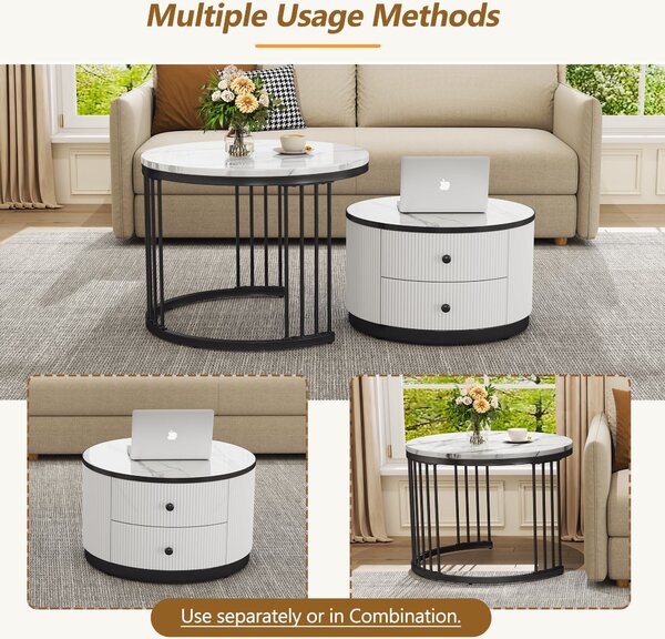 High Gloss Nesting Coffee Table with Marble Pattern Top, Storage Drawers, Modern Round Side Tables for Living Room, Bedroom, White+Black Aosom.UK