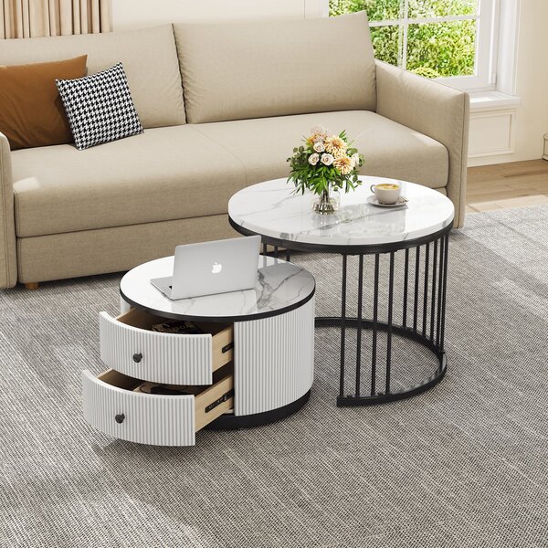 High Gloss Nesting Coffee Table with Marble Pattern Top, Storage Drawers, Modern Round Side Tables for Living Room, Bedroom, White+Black Aosom.UK